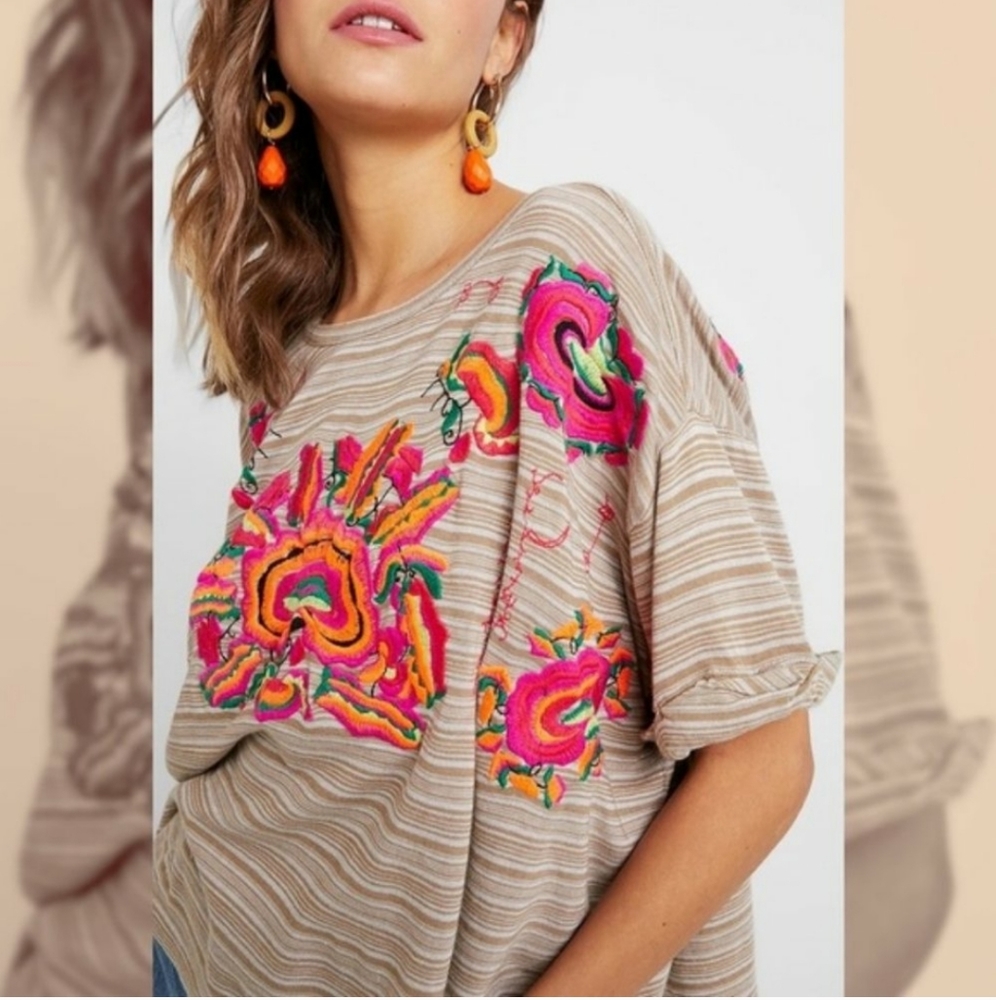 Free People Catalunya Embroidered Oversized Cropped Top in Mushroom Combo Size L - Picture 9 of 16